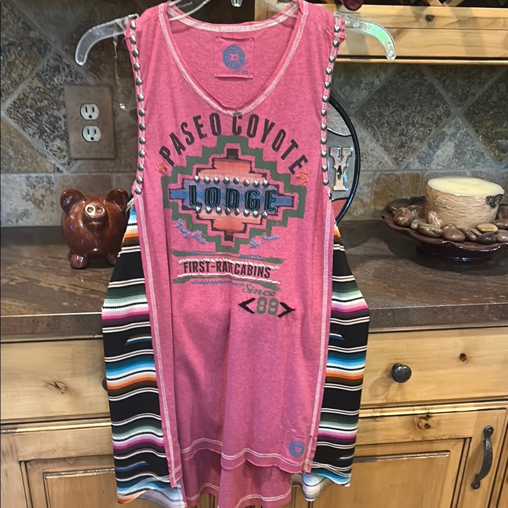 Pink Graphic tunic Top with Striped Sides western studs designer Double D ranch
